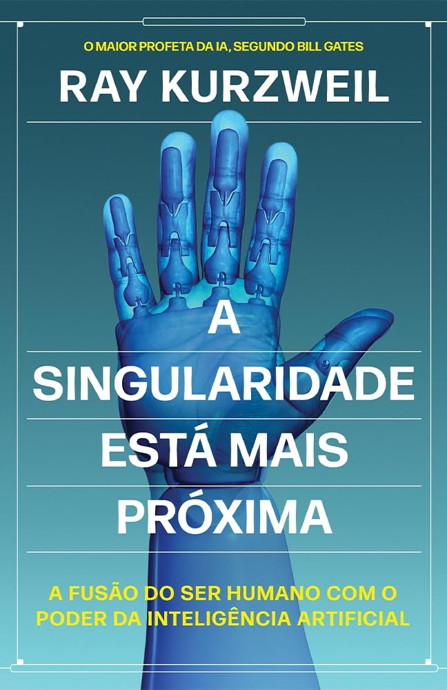 Ilustração da capa do livro, a singularidade, fusão entre máquina e o homem. A imagem mostra uma mão robótica dentro de uma mão humana.  